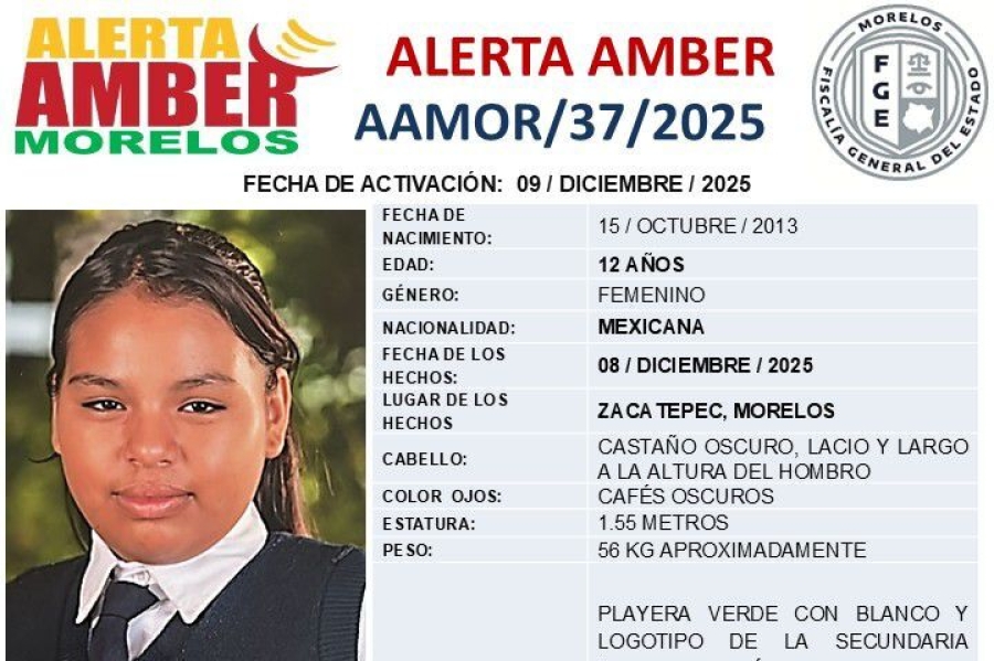 Reportan desaparición de una menor de 12 años de edad, estudiante de secundaria en Zacatepec