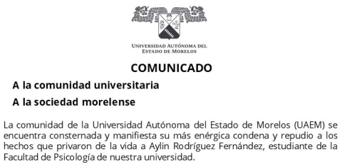 Condena UAEM hechos que privaron de la vida a Aylin Rodríguez; exige a FGE que no queden impunes