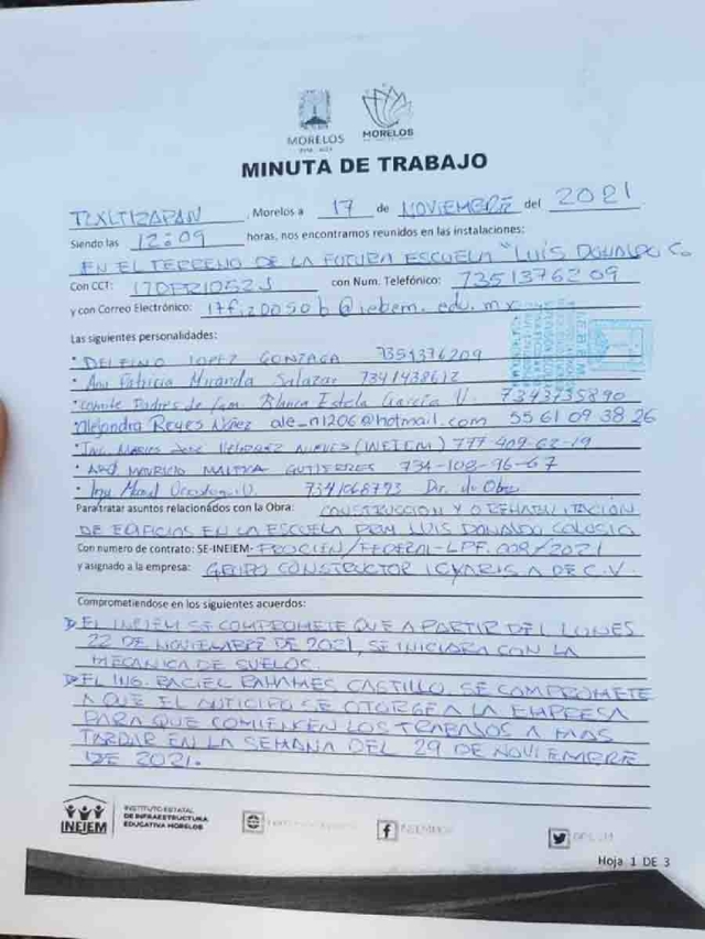 En la reunión de ayer, los padres dejaron en claro que no permitirán que se retrase más la obra y le darán seguimiento paso a paso. También mostraron la minuta levantada.