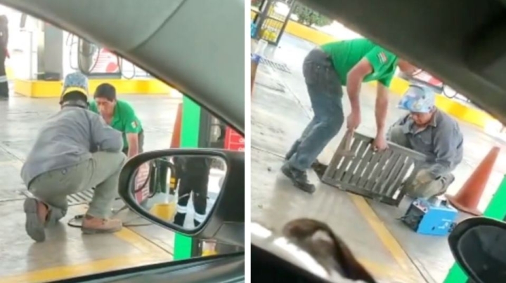 ¡Dios los hace! Intentan soldar una alcantarilla junto a la bomba de gasolina