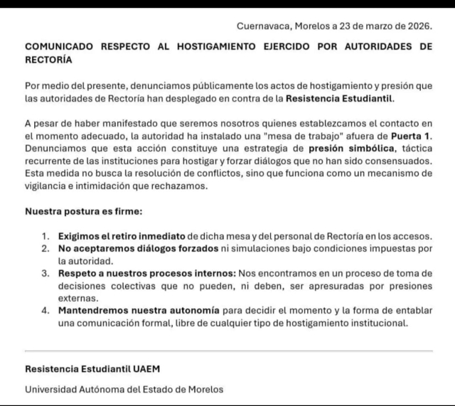 Denuncia Resistencia Estudiantil UAEM actos de hostigamiento y presi&oacute;n