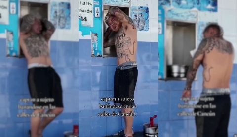 Hombre se baña en despachador de agua potable en Cancún y causa revuelo en redes | Video