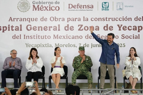En Yecapixtla, las mandatarias Margarita González Saravia y Claudia Sheinbaum pusieron en marcha la obra de construcción del Hospital General de Zona del IMSS en dicho municipio.    