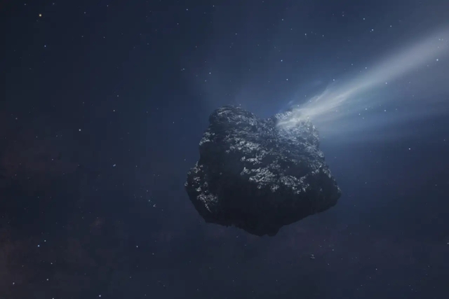 Representación artística del cometa C/2014 UN271, el cometa más grande conocido en la Nube de Oort. 