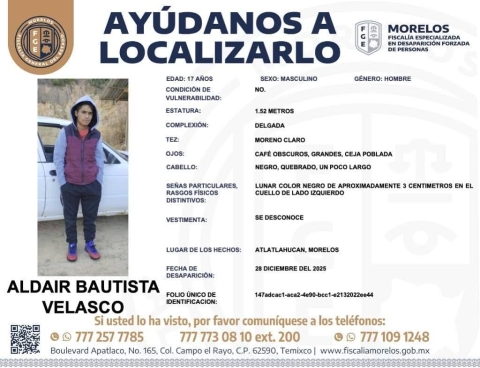 Buscan a adolescente desaparecido en Atlatlahucan