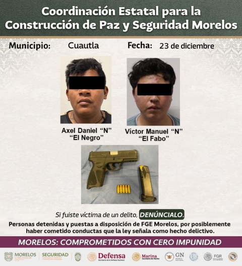 Contin&uacute;an detenciones relevantes en regi&oacute;n oriente de Morelos como parte de la Estrategia Nacional Contra la Extorsi&oacute;n