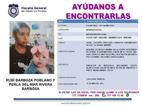 Una adolescente y su hija desaparecieron en Tlaltizapán