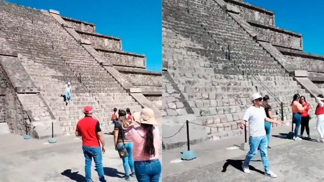 Turista sube pirámide de Teotihuacán y visitantes lo bajan a gritos