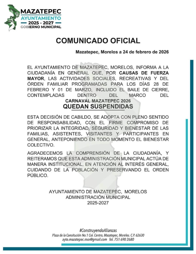 Suspenden el carnaval de Mazatepec, por causas de fuerza mayor