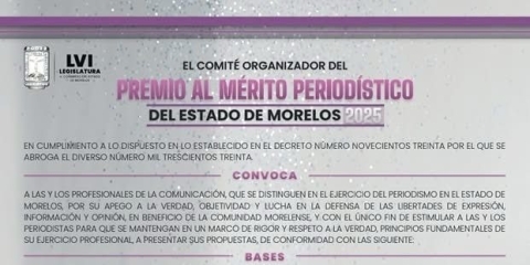 Llama Congreso a participar en la convocatoria del &#039;Premio al Mérito Periodístico del Estado de Morelos&#039;