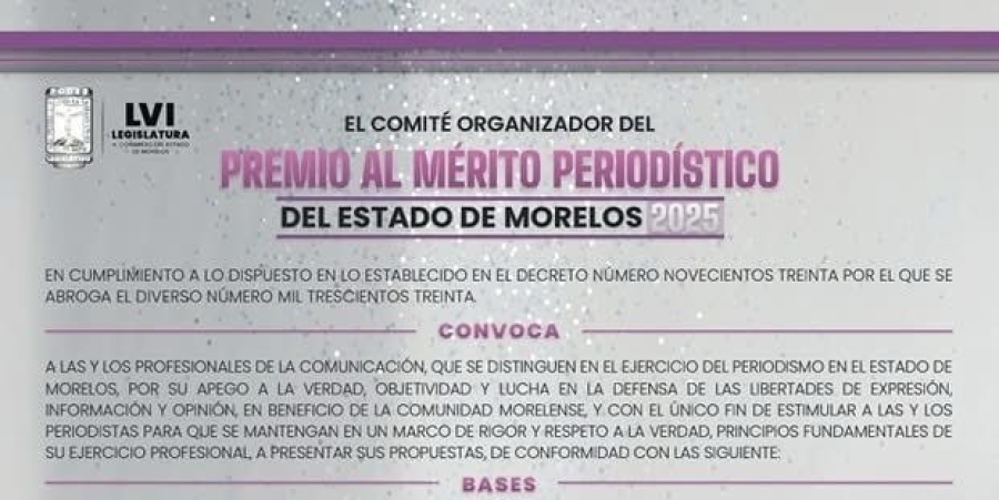 Llama Congreso a participar en la convocatoria del 'Premio al Mérito Periodístico del Estado de Morelos'