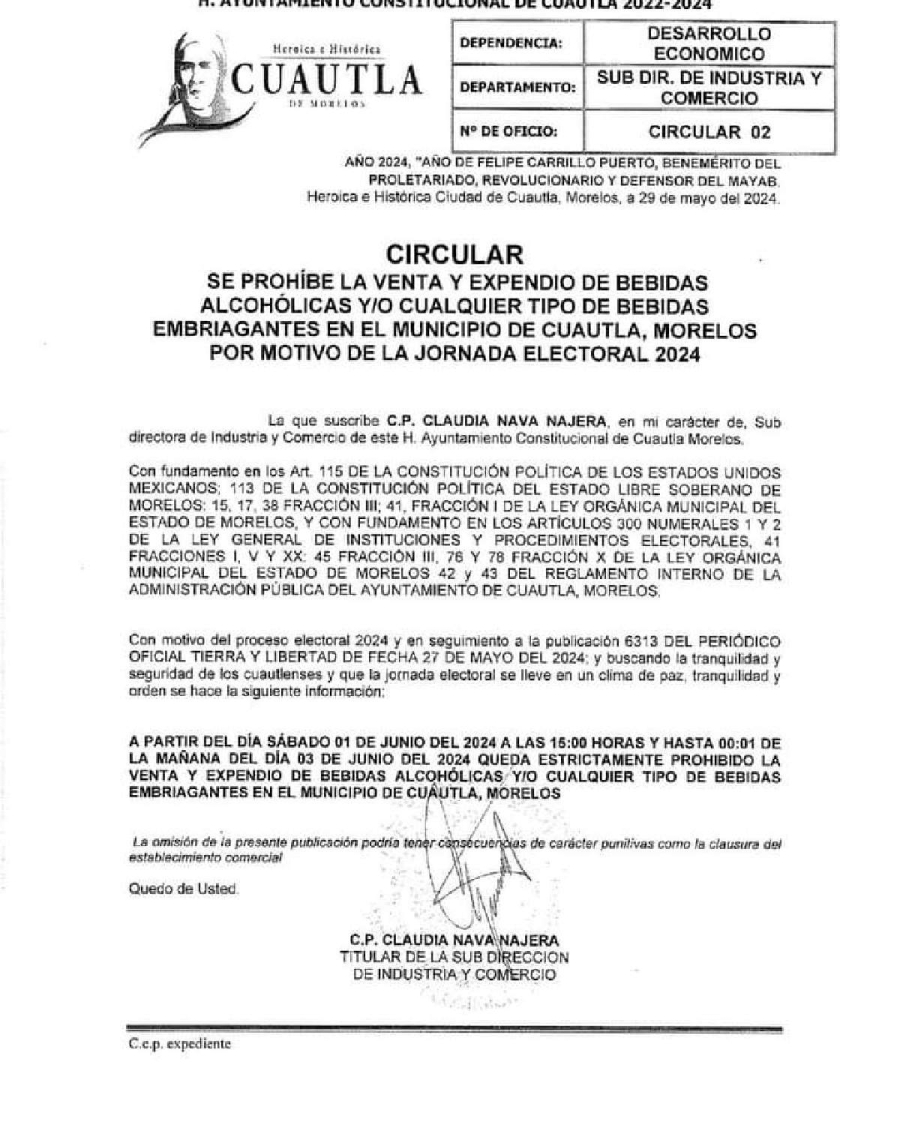 La Subdirección de Industria y Comercio difundió la circular para anunciar la ley seca.