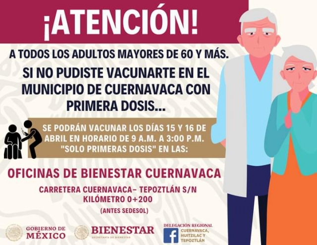 Aplicarán vacuna anticovid a adultos mayores en Bienestar, hoy y mañana