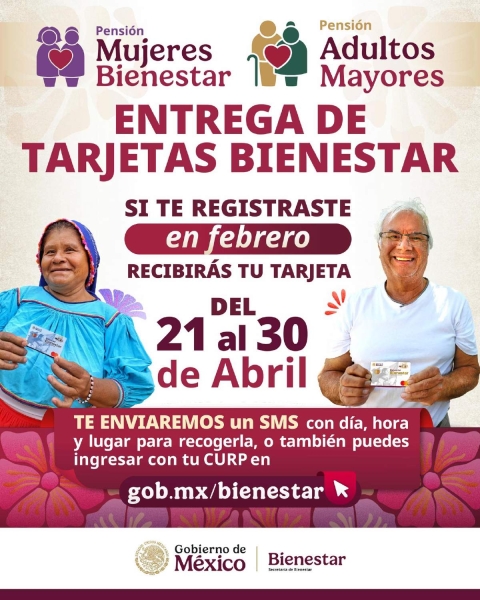Comenzó la entrega de tarjetas Bienestar de mujeres y adultos mayores