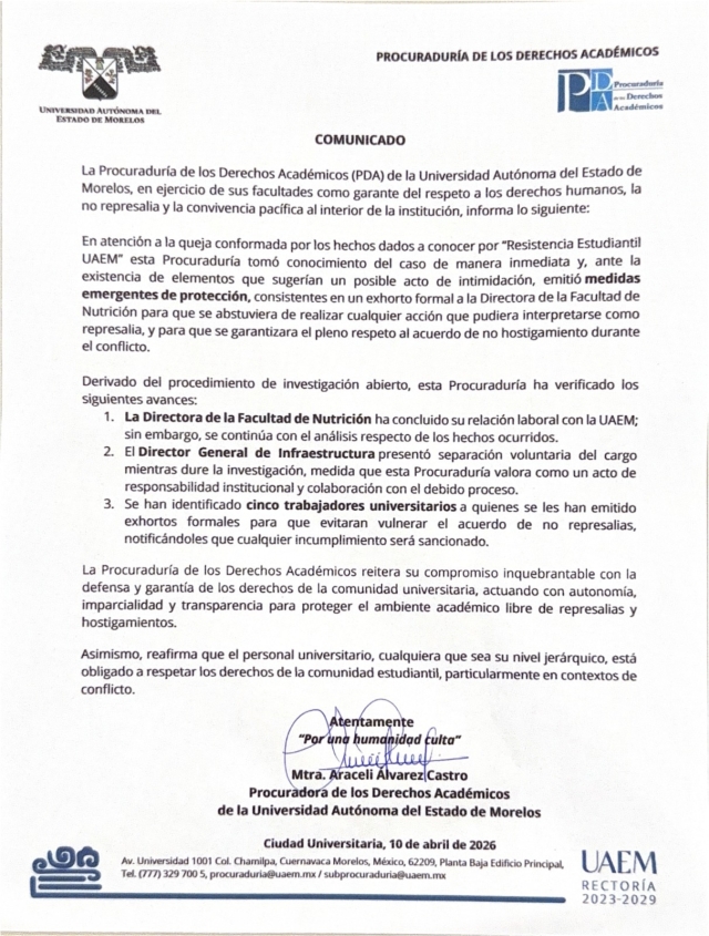 UAEM reporta primeras separaciones y medidas tras denuncia por intimidaci&oacute;n en Facultad de Nutrici&oacute;n