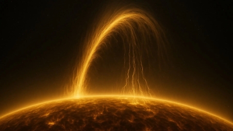 Imagen ilustrativa visión artística que recrea la lluvia de plasma observada en la corona solar, elaborada a partir de descripciones científicas del fenómeno.
