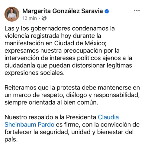 Reafirma gobernadora Margarita Gonz&aacute;lez Saravia respaldo a la presidenta Claudia Sheinbaum