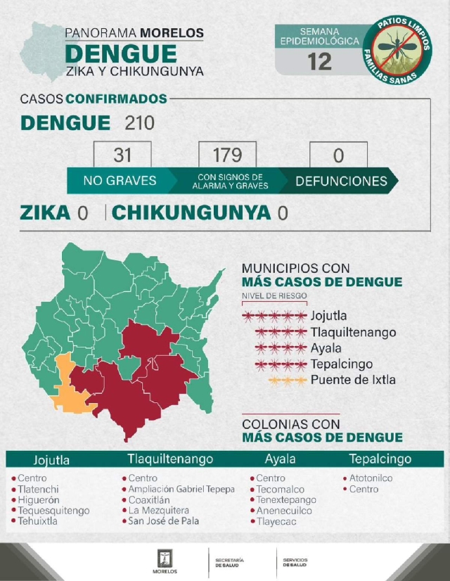 En Morelos, a la semana epidemiológica 12, se han registrado 210 casos acumulados de dengue, informan autoridades. 