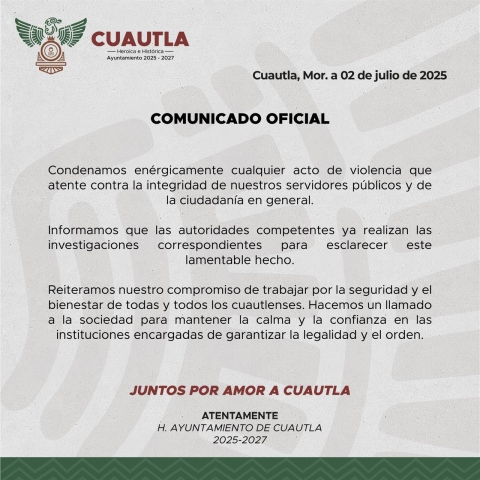 Condena Ayuntamiento de Cuautla ataque armado en contra del secretario municipal Alfredo Escalona