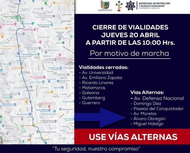 Cierre de diversas vialidades en Cuernavaca este jueves, debido a una marcha