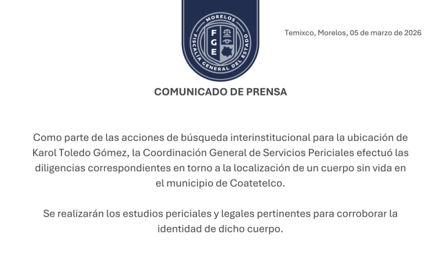 Efect&uacute;a FGE diligencias tras localizar cuerpo sin vida en Coatetelco, como parte de las acciones de b&uacute;squeda de Karol Toledo