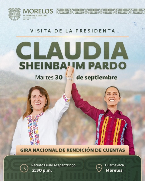 Visitará Morelos presidenta Claudia Sheinbaum, este martes