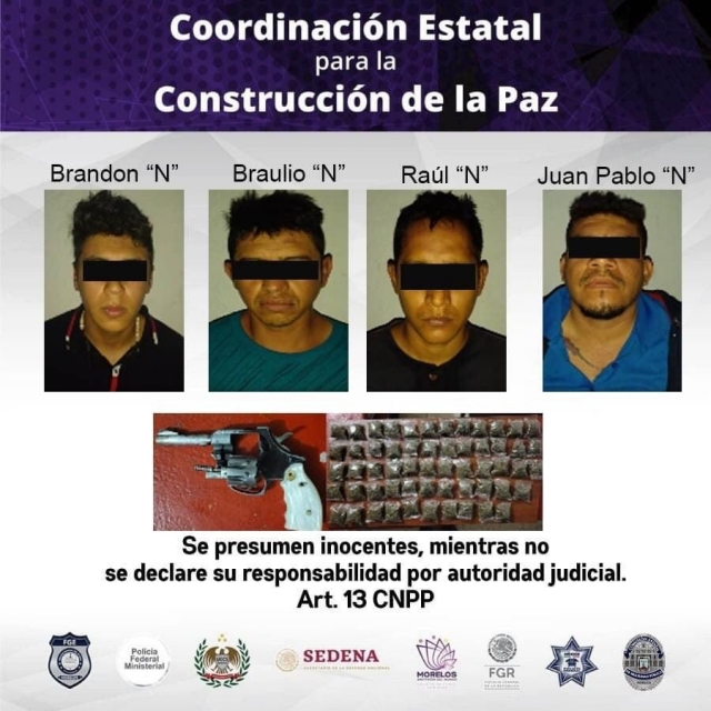 Detienen a cuatro hombres por presuntos delitos contra la salud y portación de arma de fuego