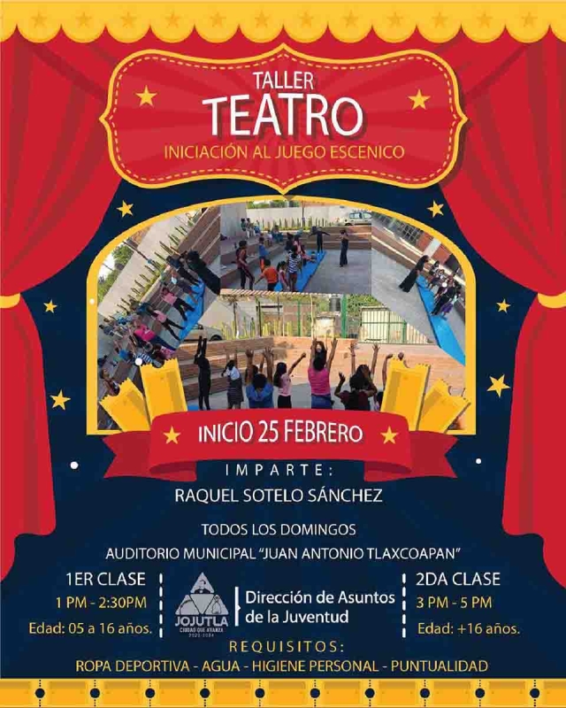 Se abrió la convocatoria para todas las personas que quieren participar en el taller de teatro que se impartirá a partir del domingo 25 de febrero en Jojutla. 