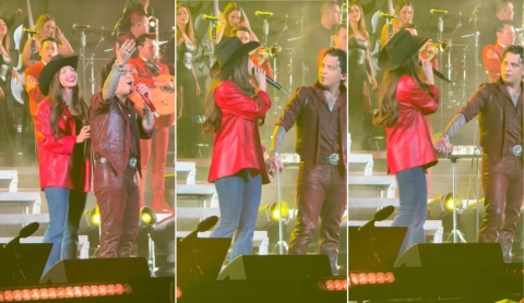 ¿Fue un pellizco o una nalgada? Gesto de Ángela Aguilar a Nodal en pleno show divide a las redes