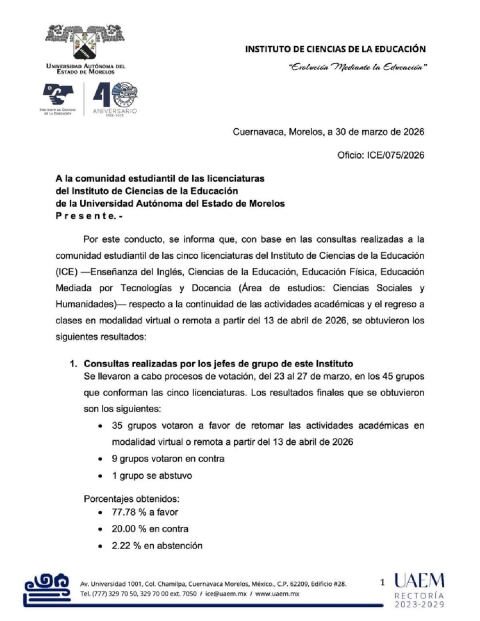 ICE UAEM regresar&aacute; a clases virtuales el 13 de abril 