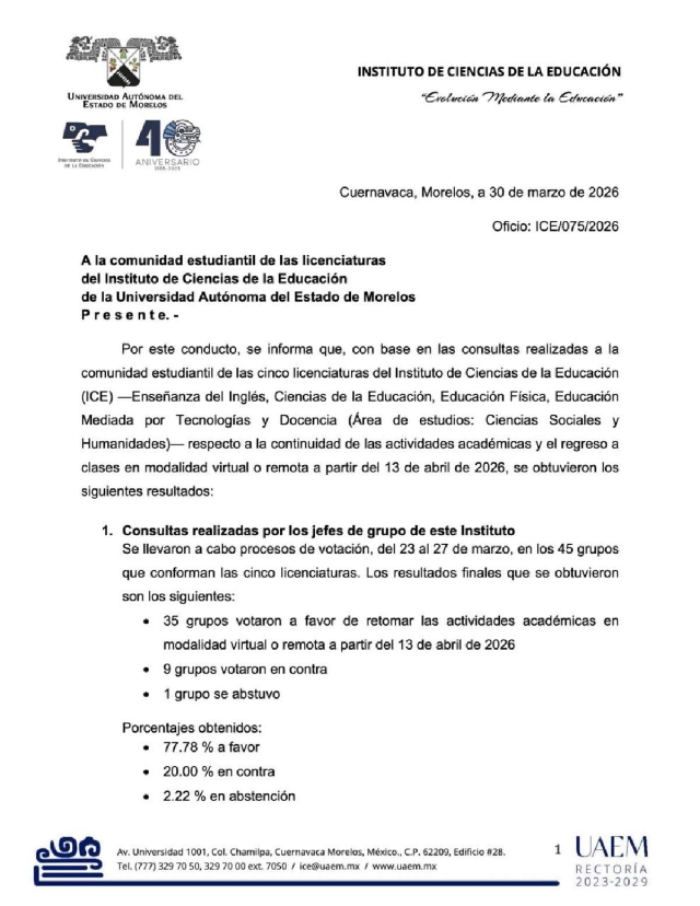 ICE UAEM regresar&aacute; a clases virtuales el 13 de abril 