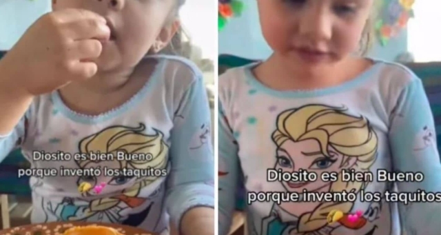 Niña agradece a Dios por los taquitos.