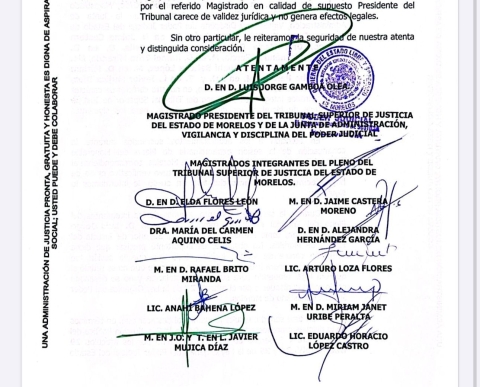 Mediante oficio, informan 11 magistrados no reconocer a Vargas Téllez como supuesto presidente del TSJ