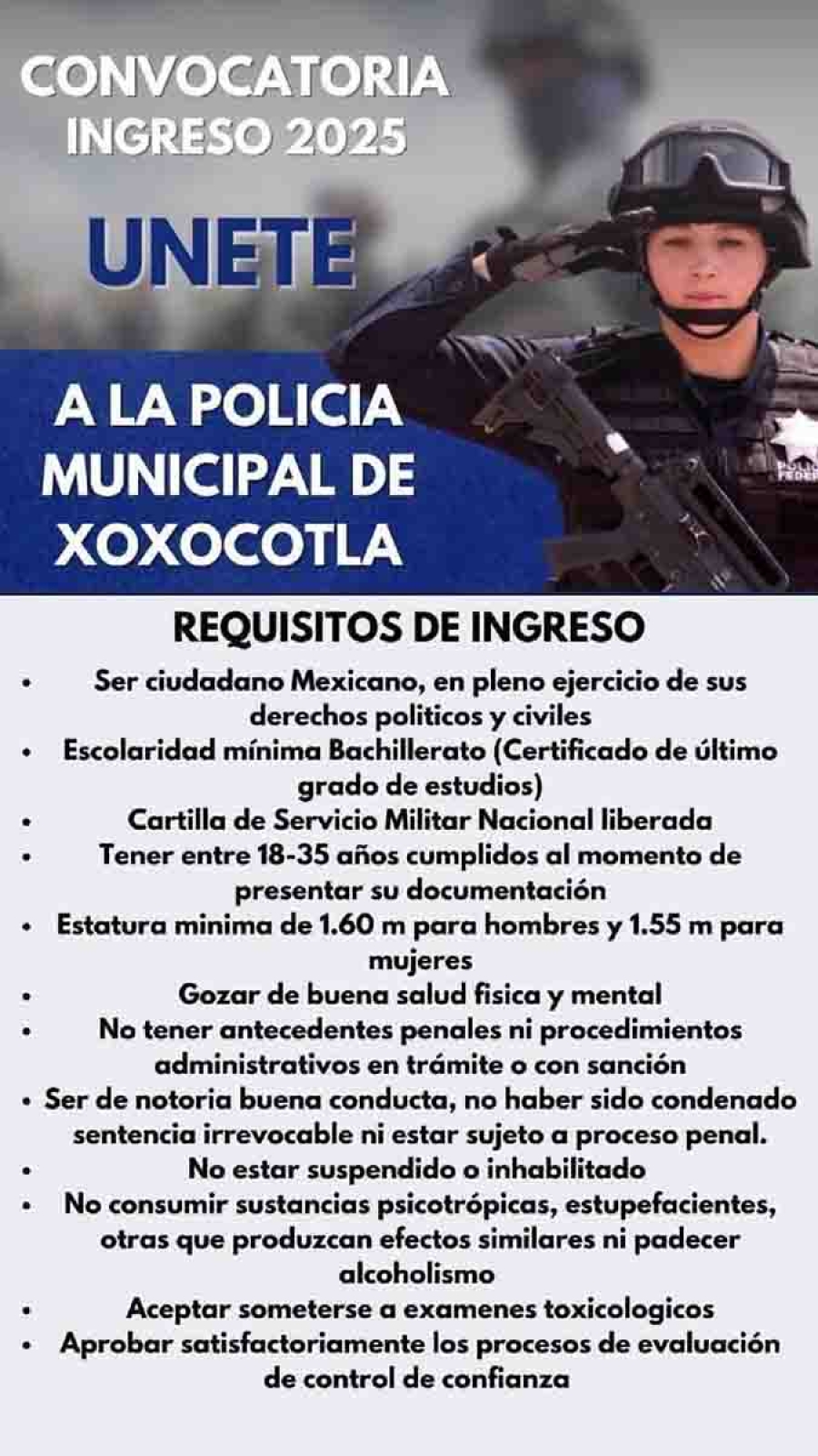 Lanzan convocatoria para formar parte de la Policía de Xoxocotla 