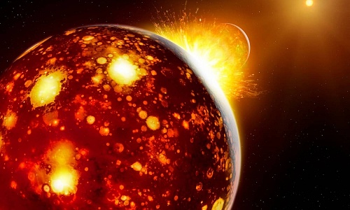 Estudio revela que Theia se formó más cerca del Sol que la Tierra Imagen ilustrativa de la colisión entre la Tierra primitiva y Theia